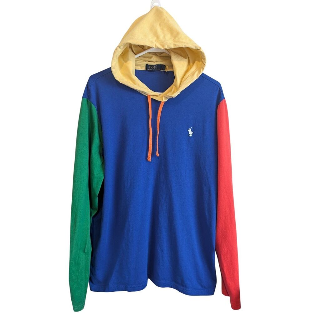 Polo Ralph Lauren Hoodie Shirt Men's Color Blocked Jersey Blue Yellow Authentic